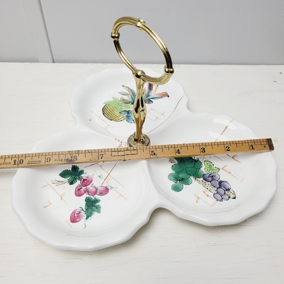 Vintage Japan Divided 3 Section Serving Dish Porcelain Hand Painted Fruit Brass - Picture 5 of 12